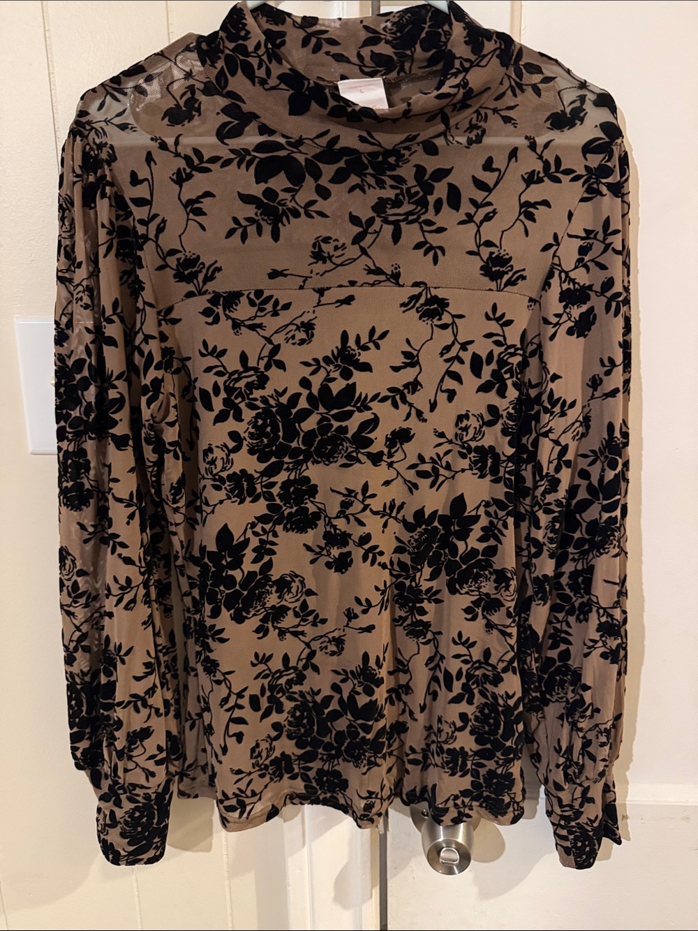 Taupe Velvet Floral Mock Neck Blouse